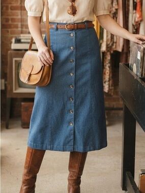 Vintage Newman Marcus Classic Button-Front Blue Denim Midi Skirt